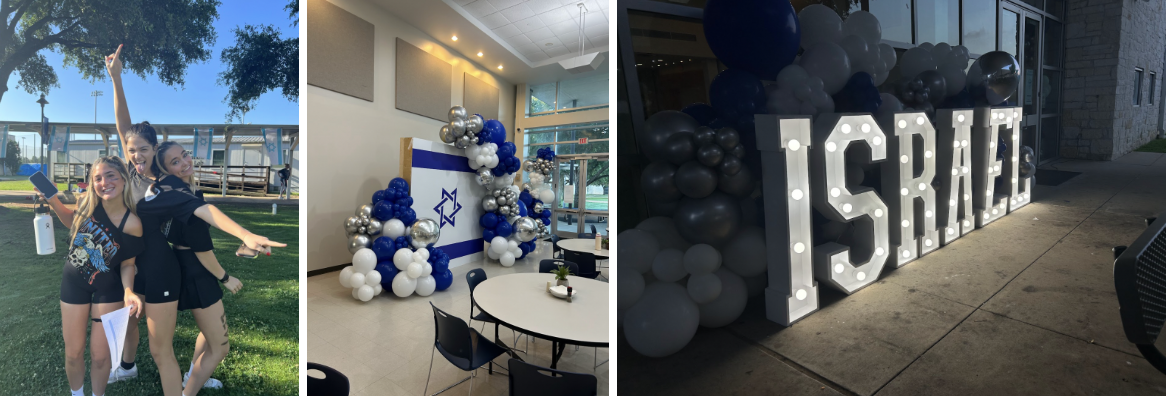 Left photo: Taken by Juliette Hess. Aviv Pour, Emma Zadok, and Eva Dow show their spirit for the 2024 field day games.
Middle photo: Taken by Carly Katz. The blue and white colored balloons offered an exciting representation of Israel. 
Right photo: Taken by Carly Katz. The light-up Israel sign offered amazing photo opportunities and even better Israel representation and overall connection.
